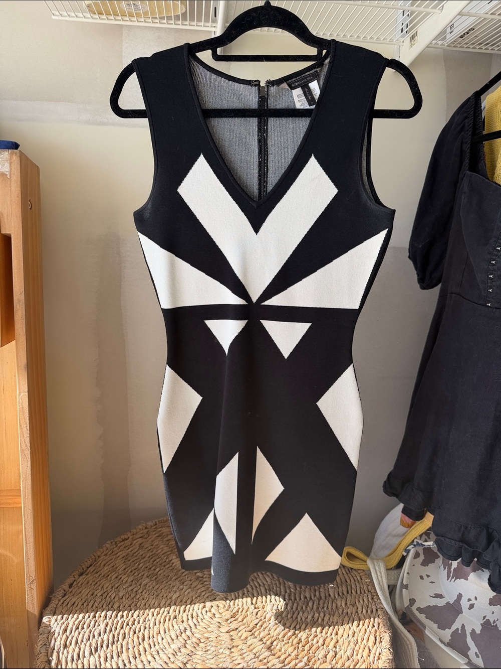 BCBGMaxAzria Black and White Geometric V-Neck Mini Dress